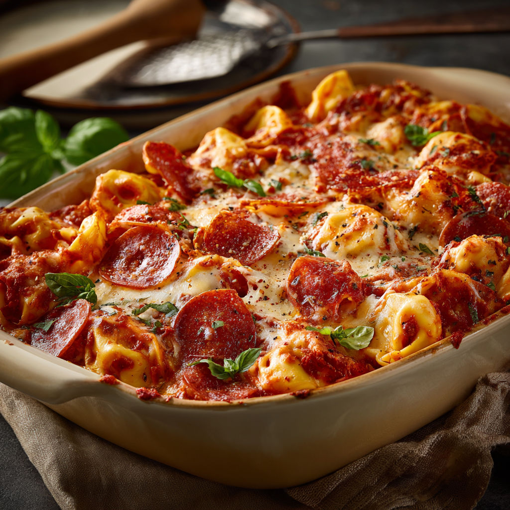 A casserole of pasta, cheese, and pepperoni.