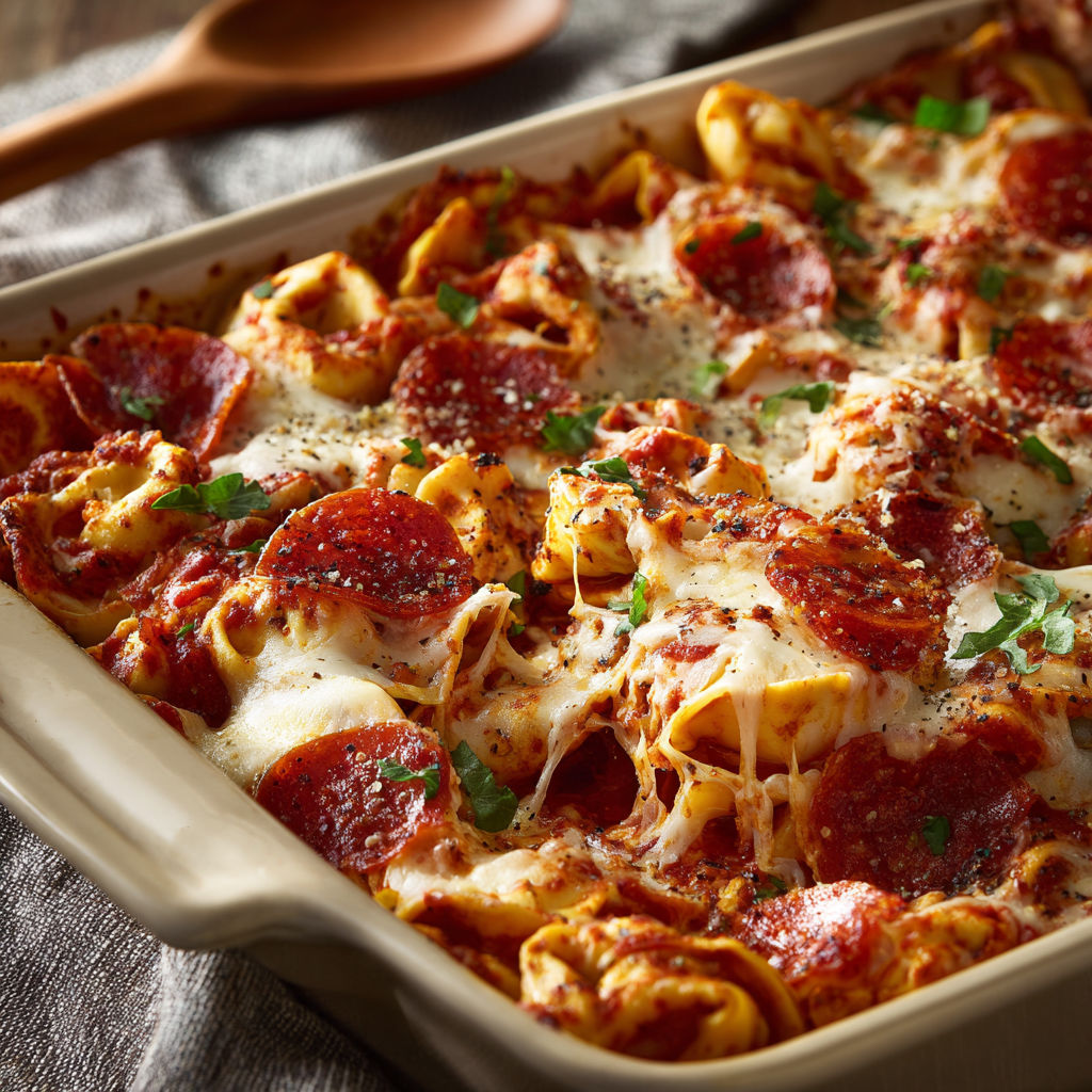 A delicious cheese tortellini pepperoni pizza casserole.