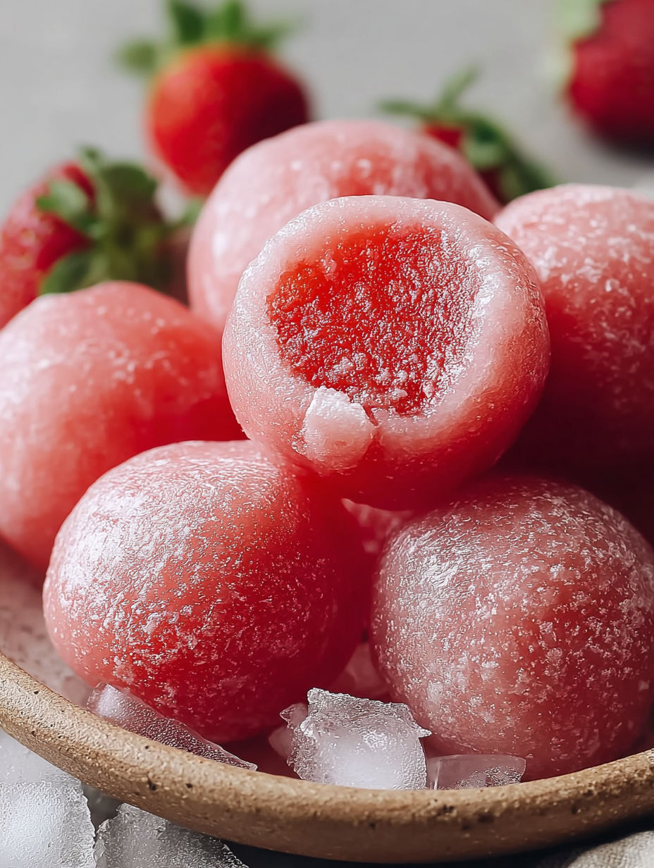 A bowl of strawberry mochi.