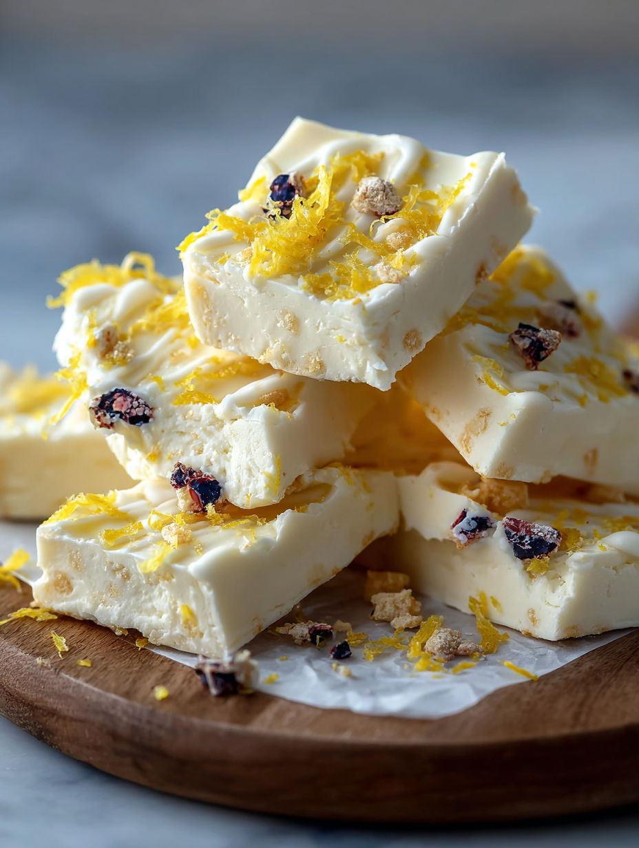 A stack of lemon cheesecake yogurt bark.