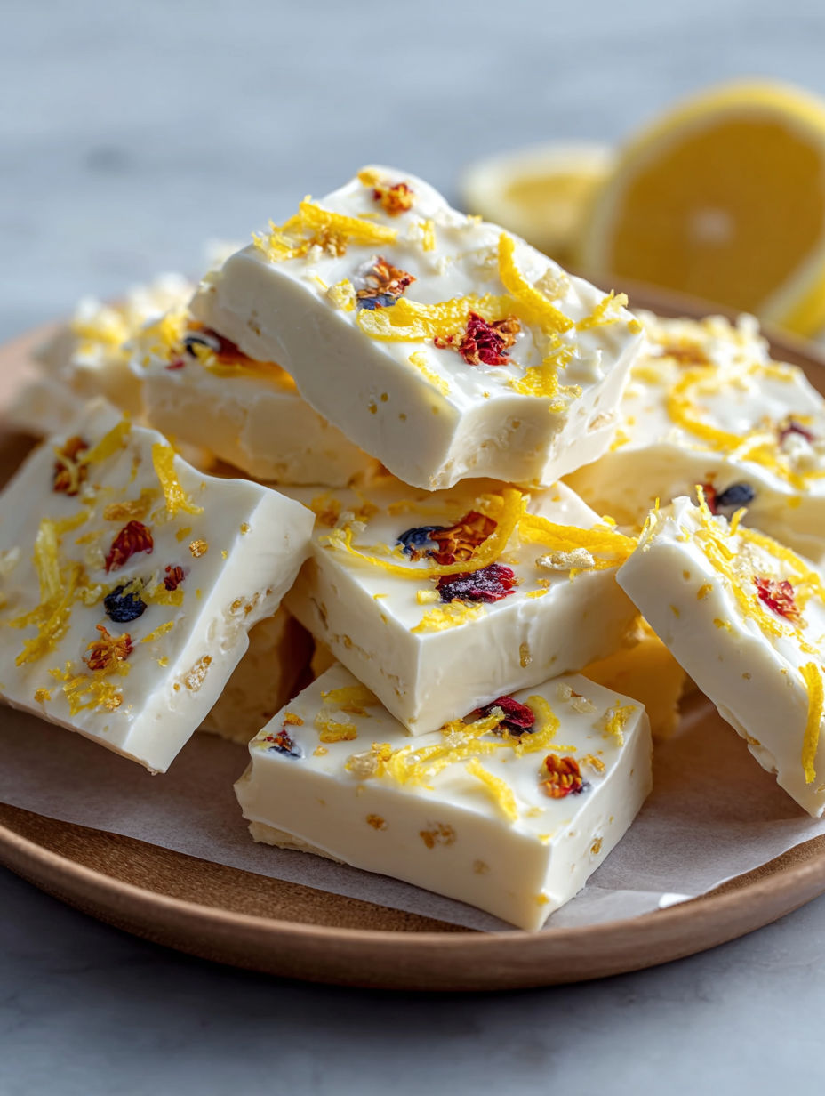 A stack of lemon cheesecake yogurt bark.
