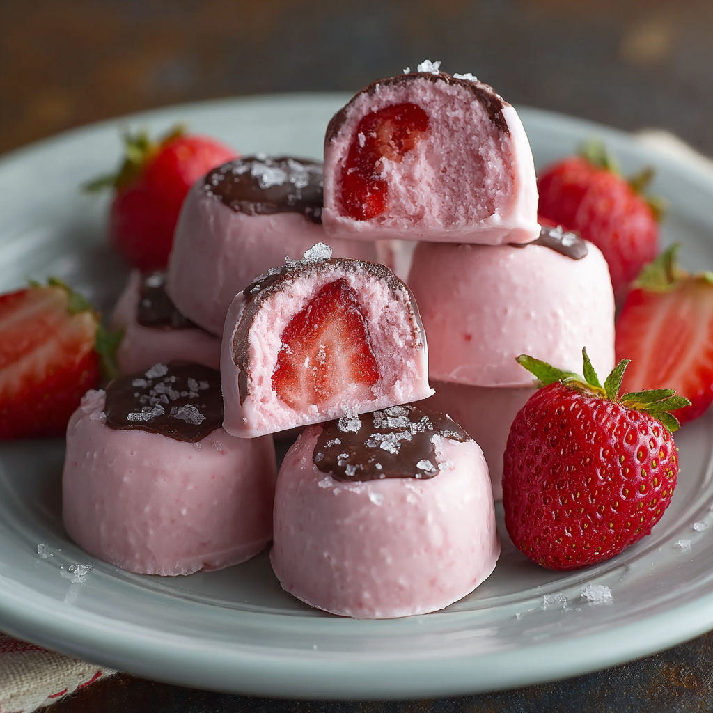 A plate of delicious frozen strawberry yogurt bites.