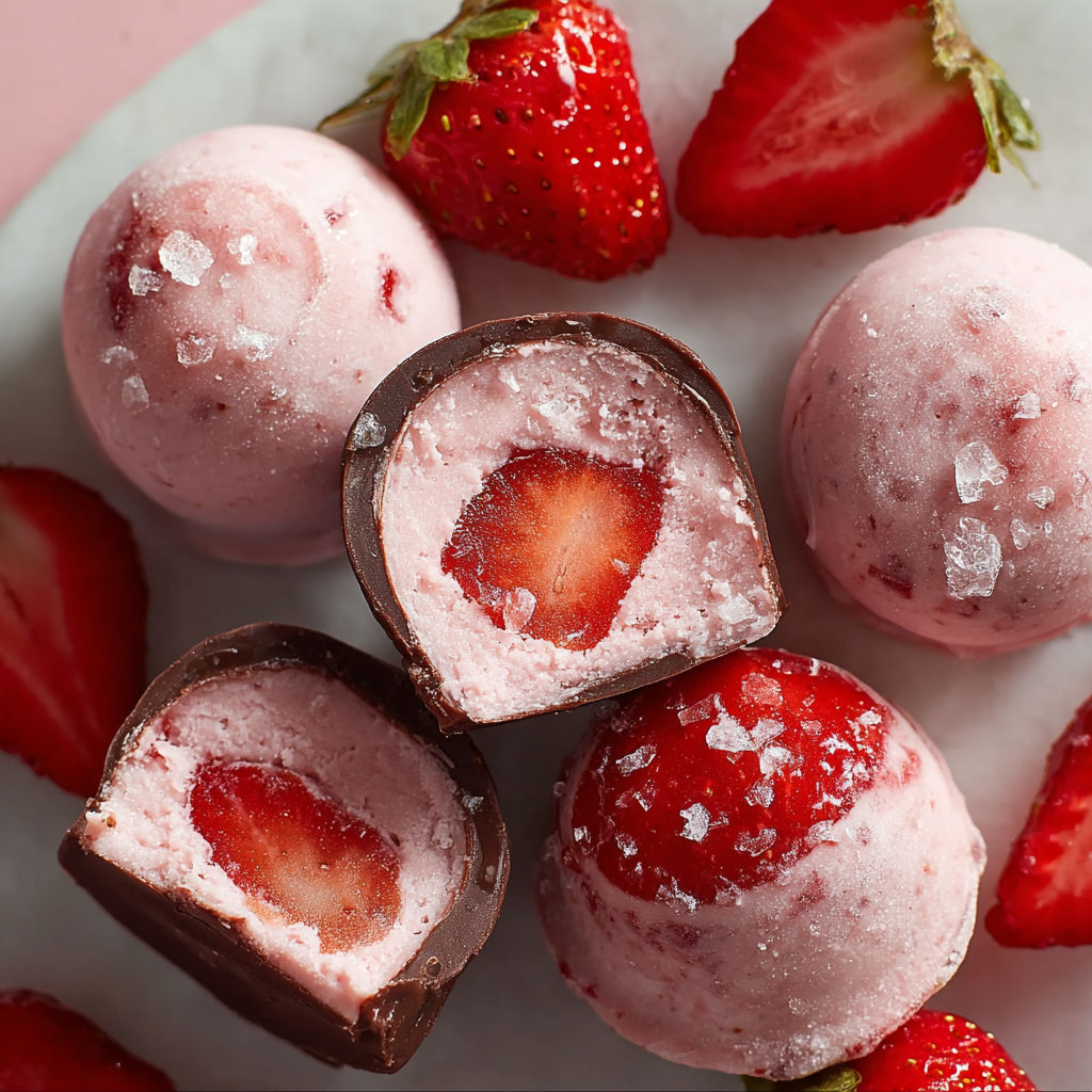 A plate of frozen strawberry yogurt bites.