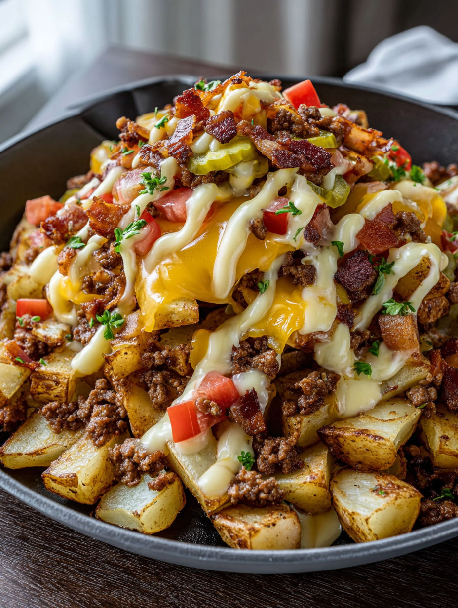 A loaded cheeseburger potato skillet with creamy cheese sauce.