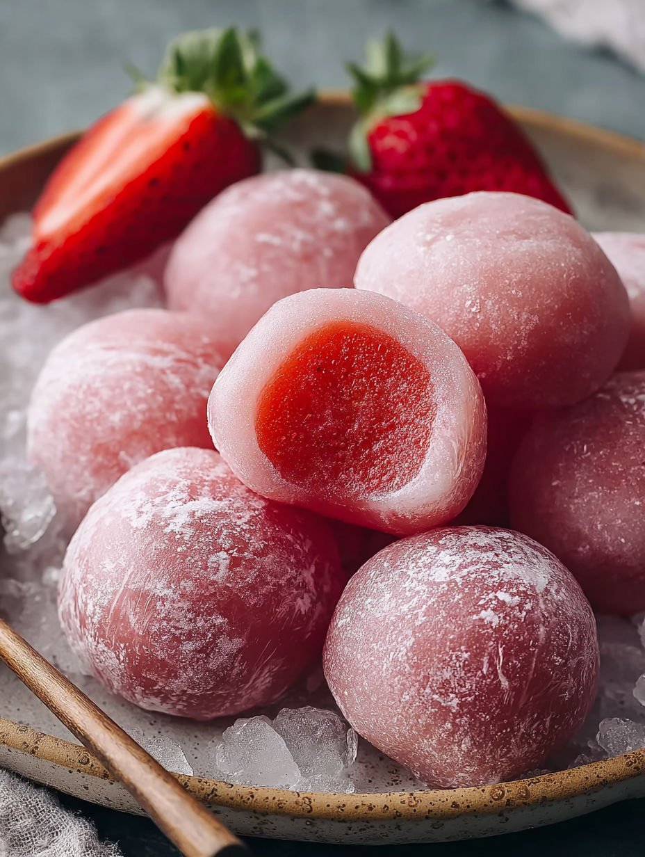 A bowl of strawberry mochi.
