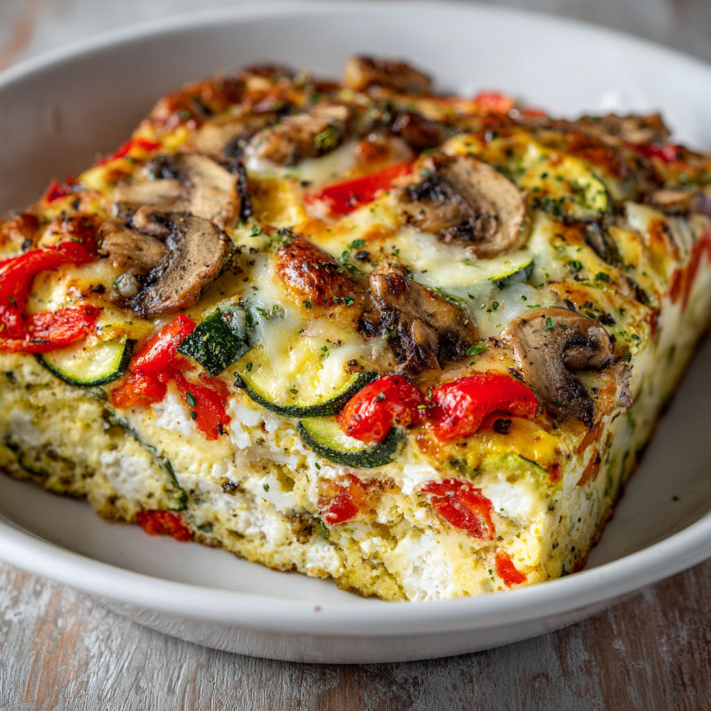 A slice of cottage cheese and veggie bake.