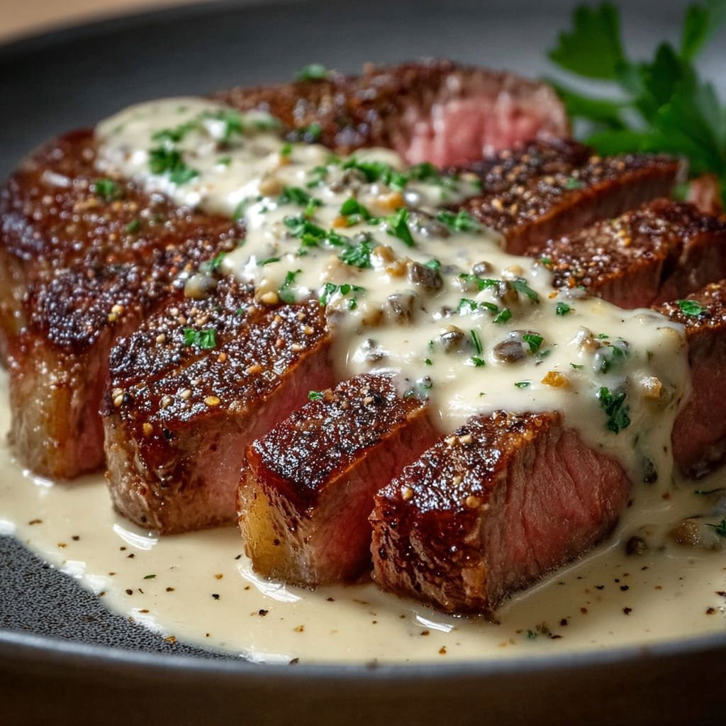 A juicy steak with creamy garlic sauce.