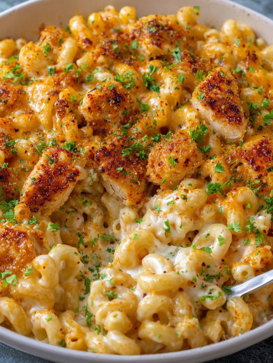 A close up of a delicious Cajun Chicken Mac and Cheese.