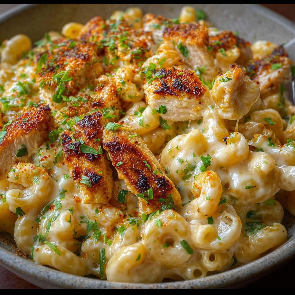 A bowl of Cajun chicken mac and cheese.