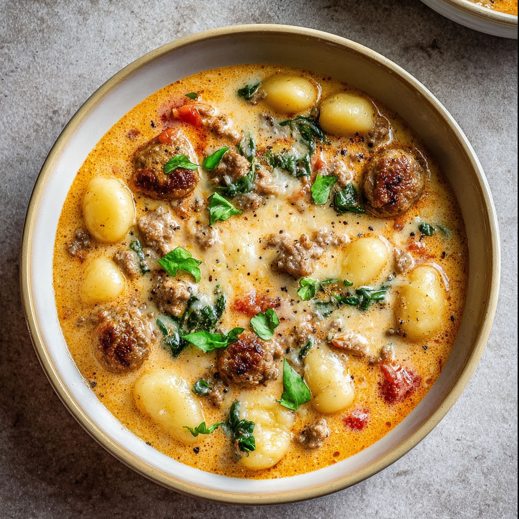 A bowl of soup with meatballs and gnocchi.