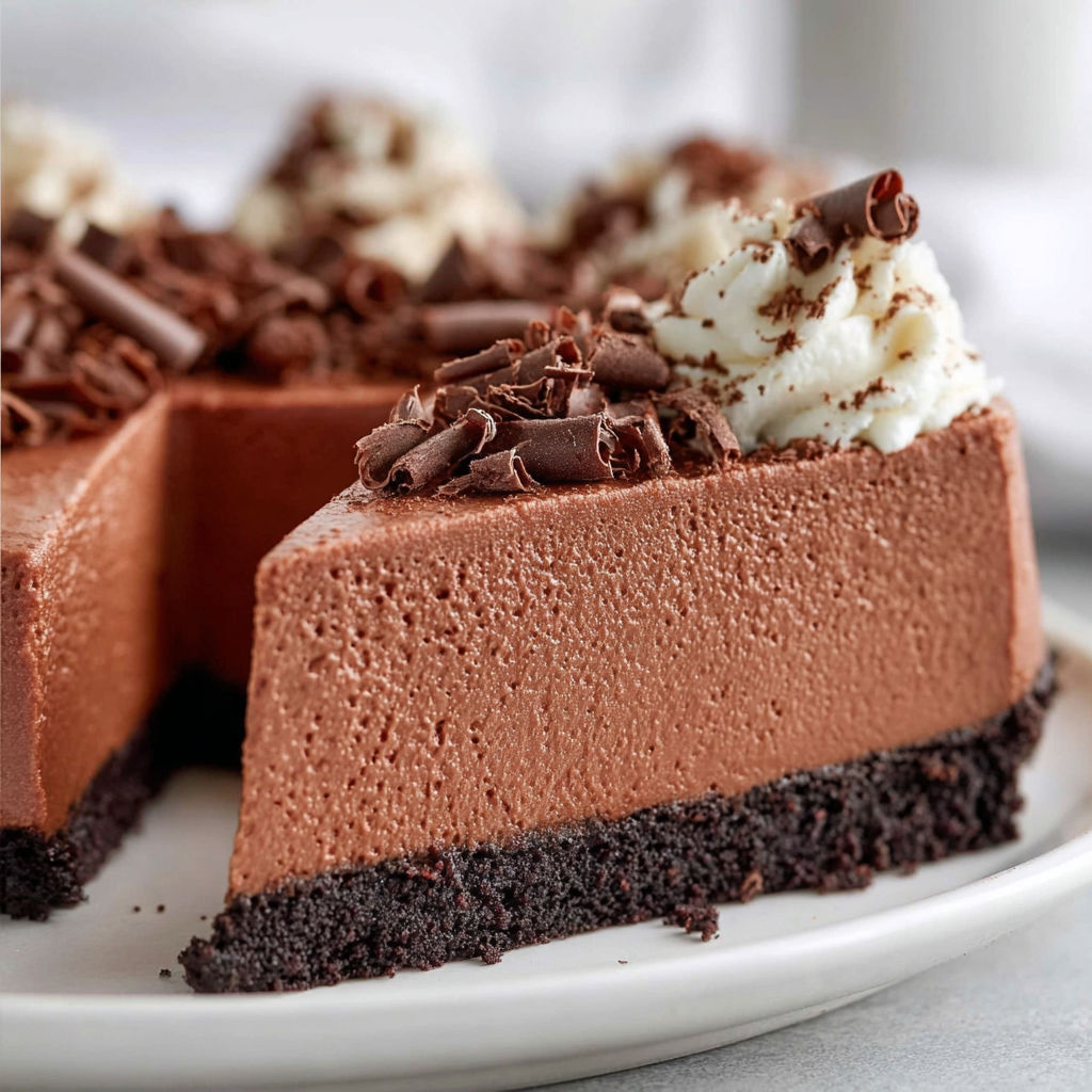A slice of chocolate cheesecake on a plate.