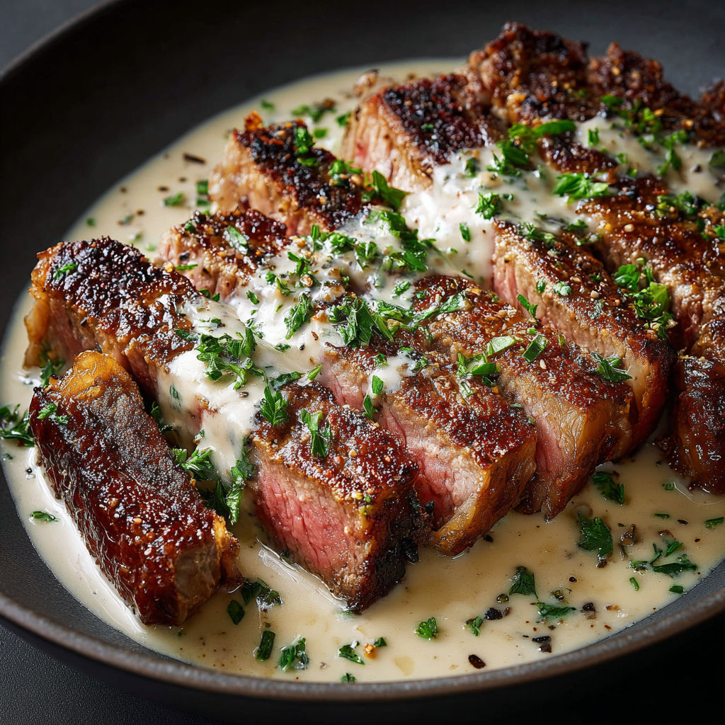 A juicy steak with creamy garlic sauce.