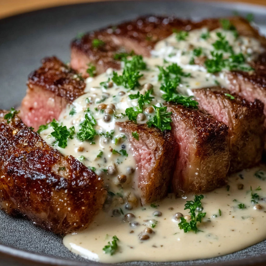 A juicy steak with creamy garlic sauce.