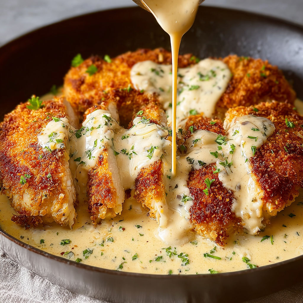 A plate of Parmesan crusted chicken with creamy garlic sauce.
