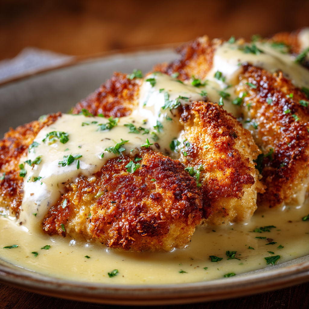 A plate of Parmesan crusted chicken with creamy garlic sauce.