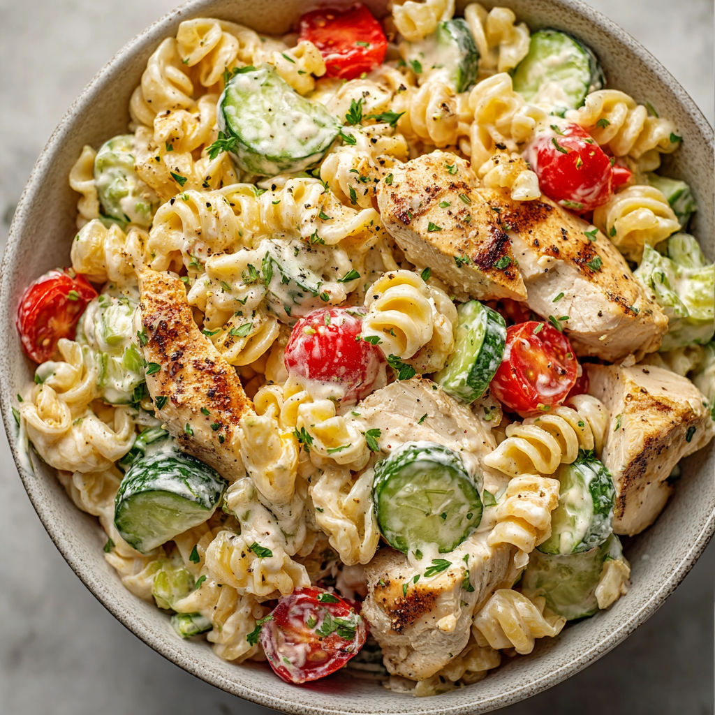 A bowl of pasta salad with chicken, tomatoes, and cucumbers.