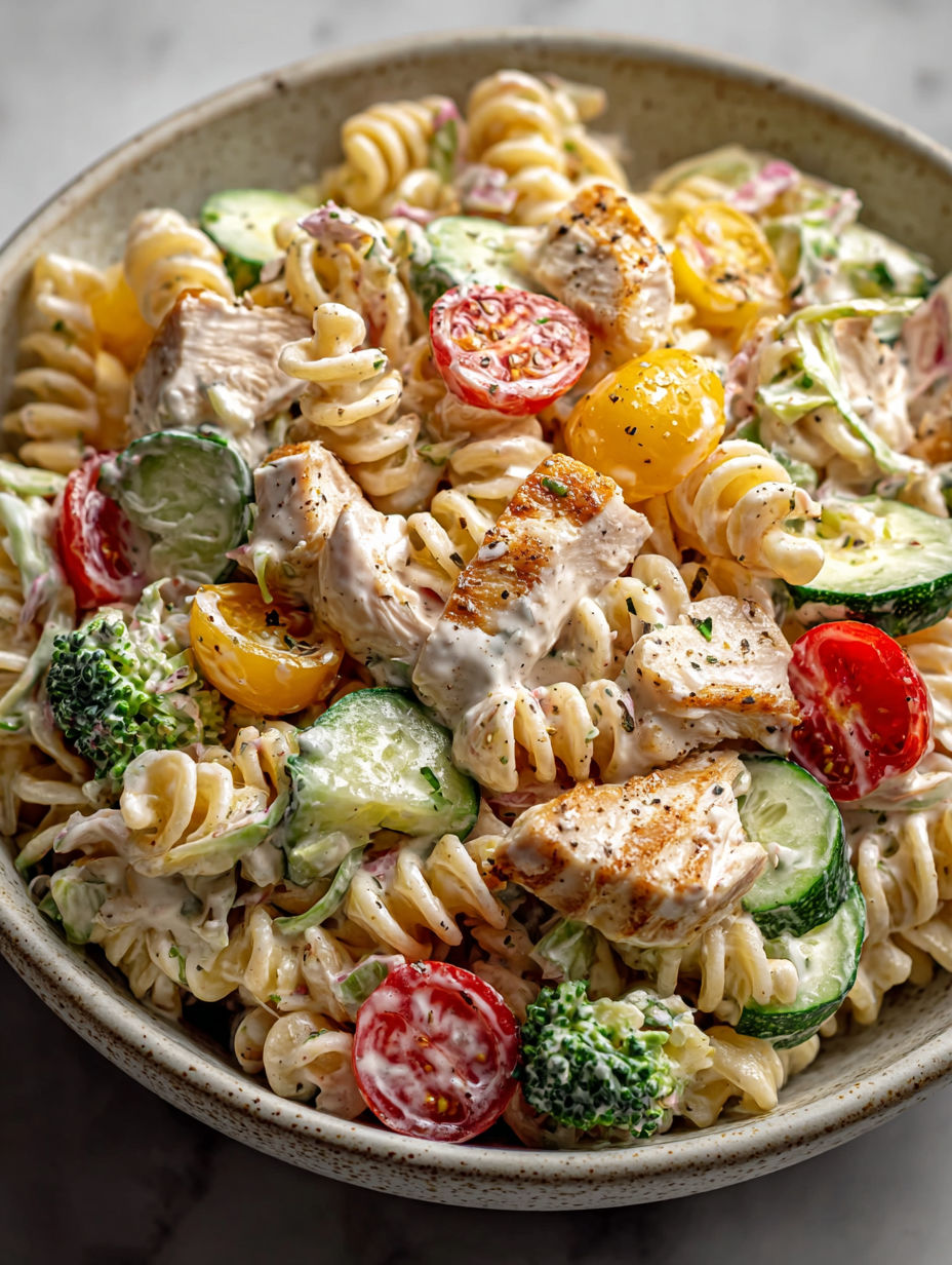 A bowl of pasta salad with chicken, broccoli, tomatoes, and cucumbers.