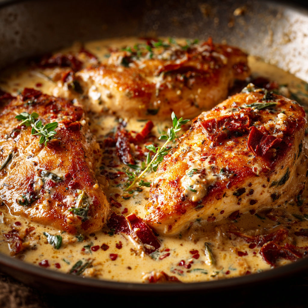 A delicious looking skillet Sicilian chicken dish.