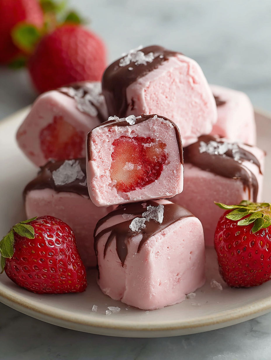 A plate of frozen strawberry yogurt bites.