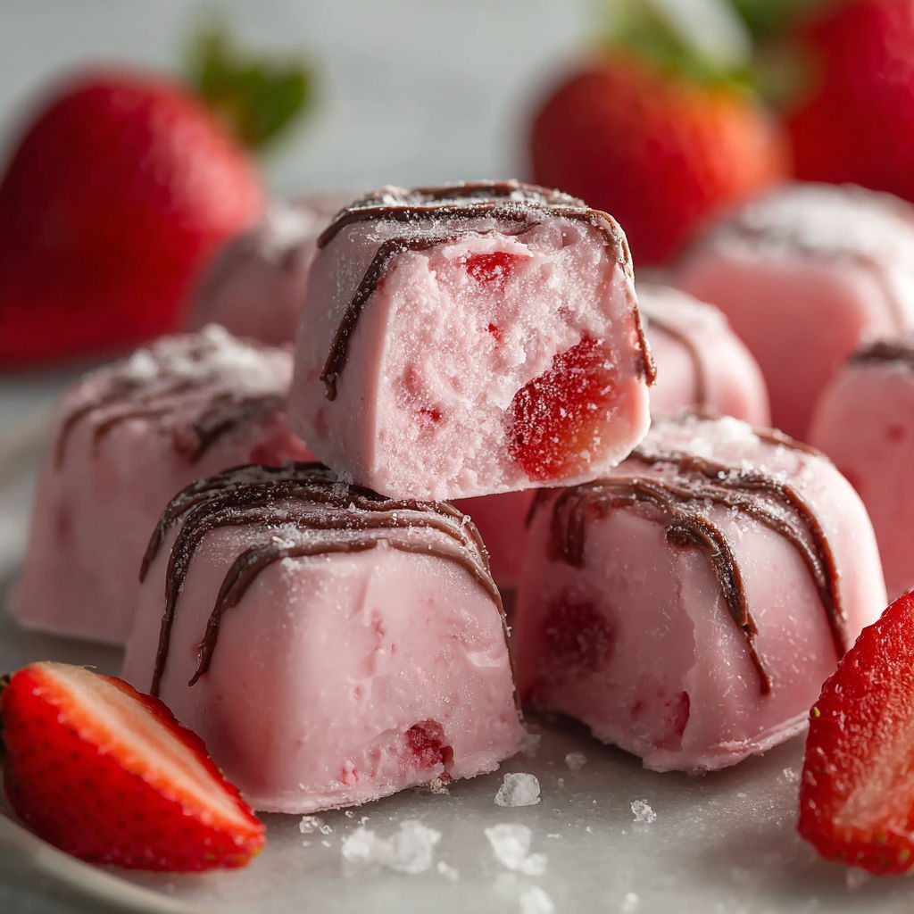 A plate of frozen strawberry yogurt bites.