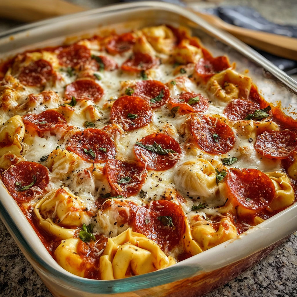 A pan of food with pepperoni and cheese.