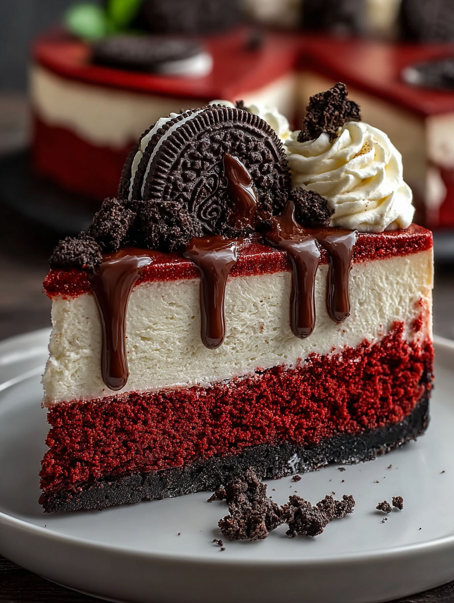 A slice of red velvet cheesecake with chocolate drizzle.
