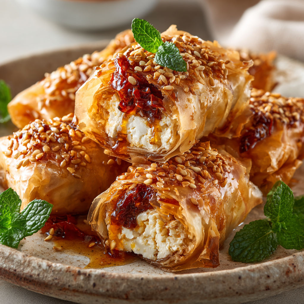A plate of oven fried feta rolls with chili honey.