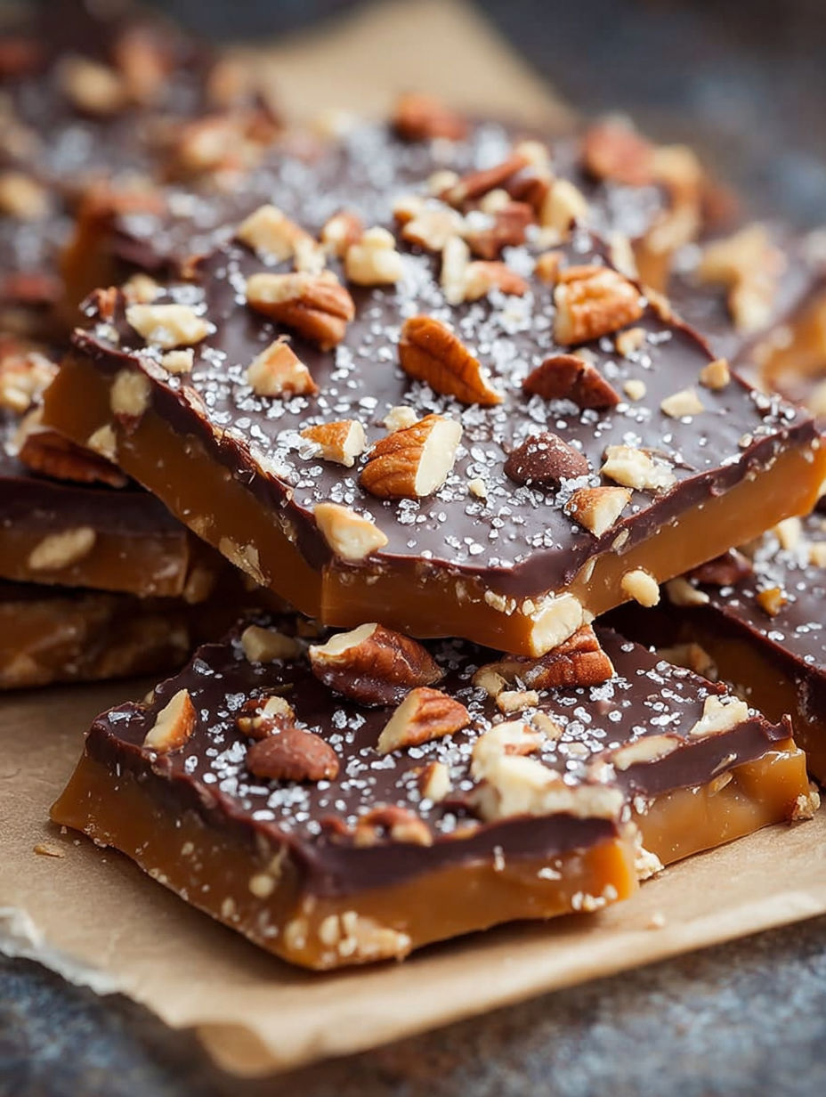 A close up of a piece of toffee with nuts.