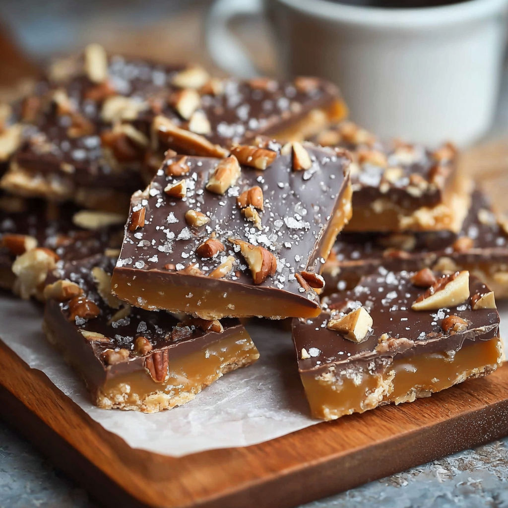 A plate of toffee with nuts on it.