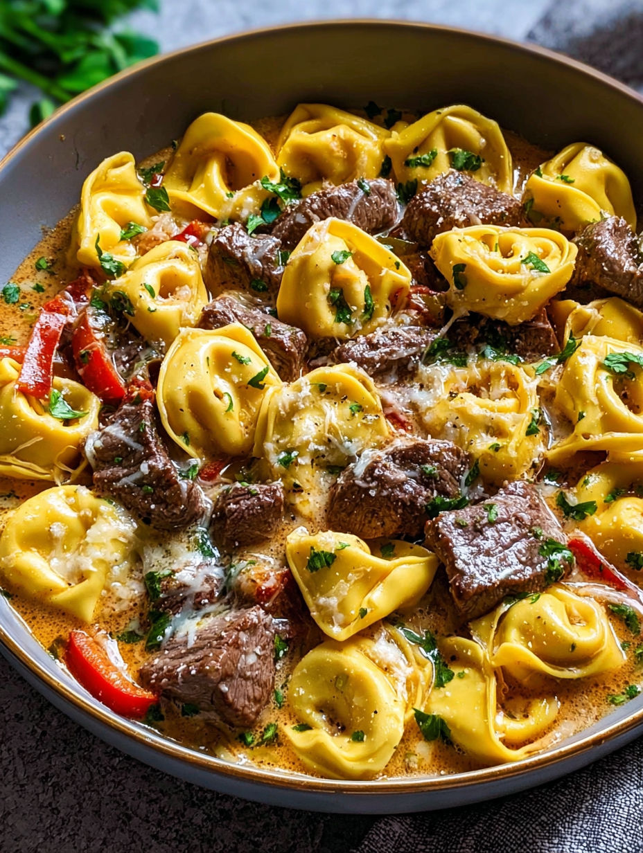 A bowl of creamy cheesesteak tortellini.