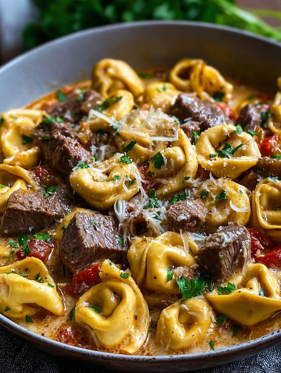 A bowl of creamy cheesesteak tortellini.