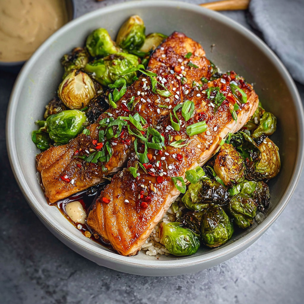 A bowl of food with salmon and brussels sprouts.