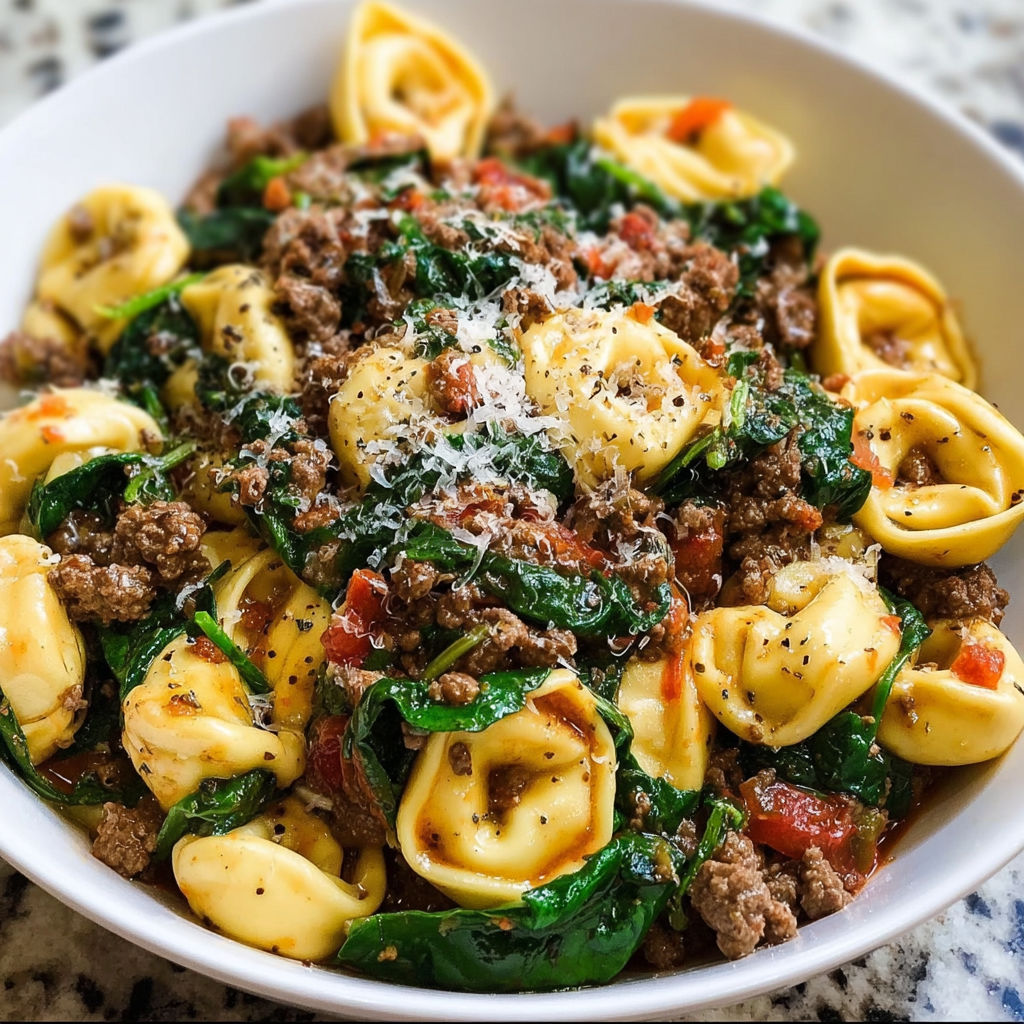 A bowl of pasta with meat and spinach.