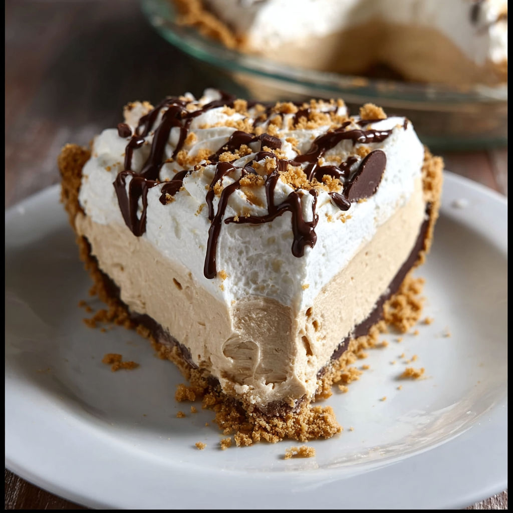 A slice of a no bake cream cheese peanut butter pie.