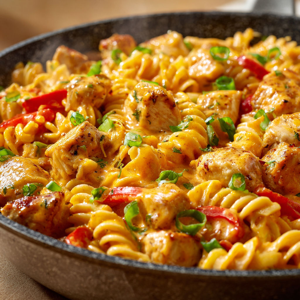A skillet full of chicken and pasta.