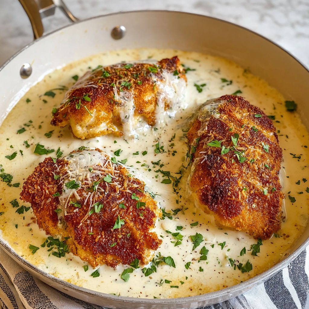 A dish of Parmesan crusted chicken with creamy garlic sauce.