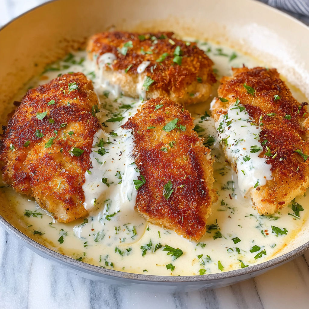 A dish of Parmesan crusted chicken with creamy garlic sauce.