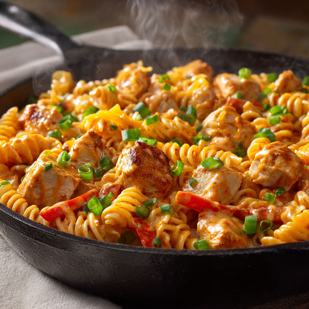 A skillet filled with chicken and pasta.