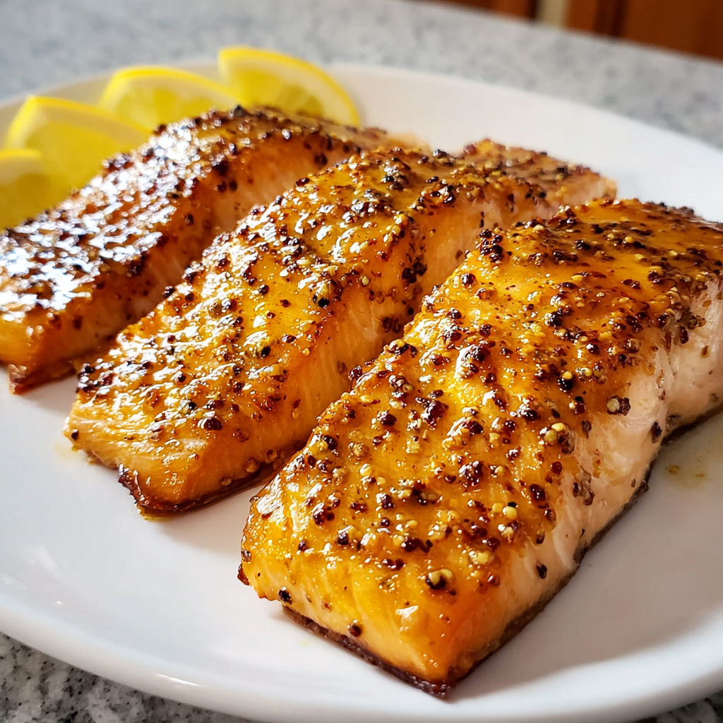 A plate of air fryer honey mustard glazed salmon.