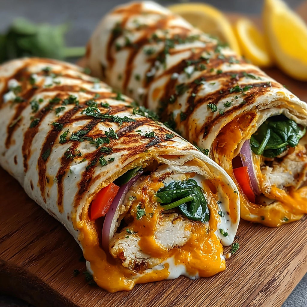 Two cheesy chicken wraps on a wooden table.