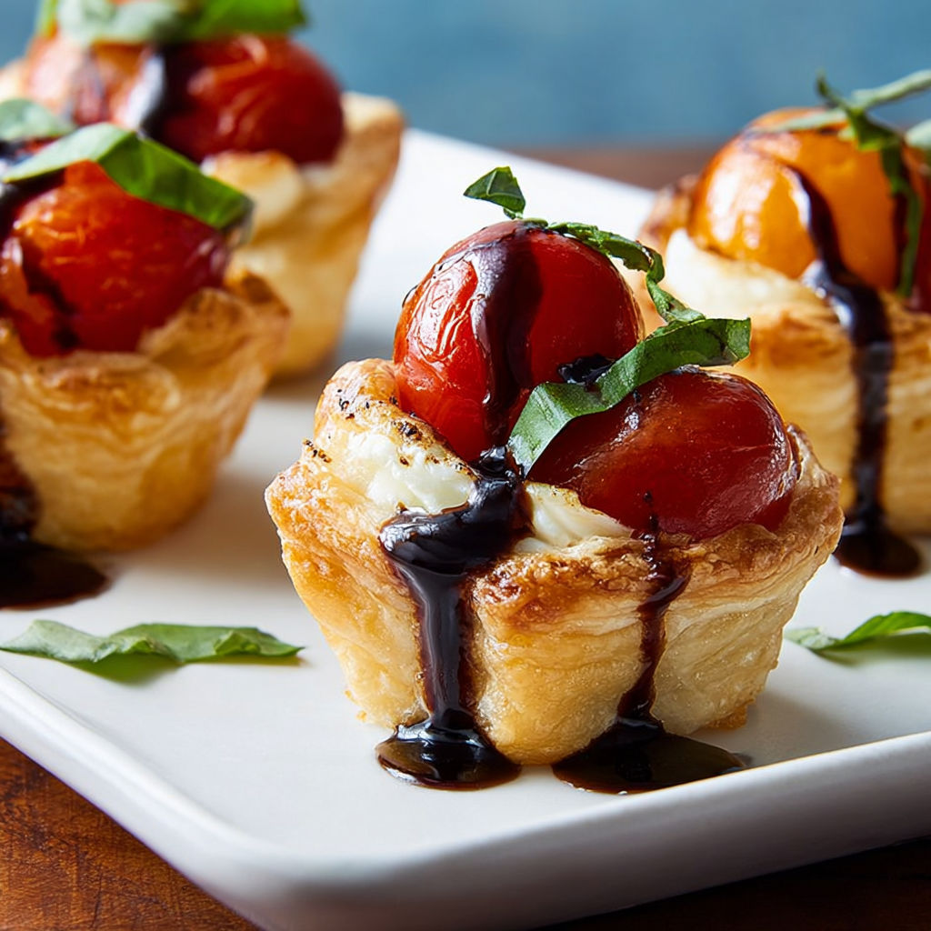 Baked Caprese Bites with chocolate drizzle.