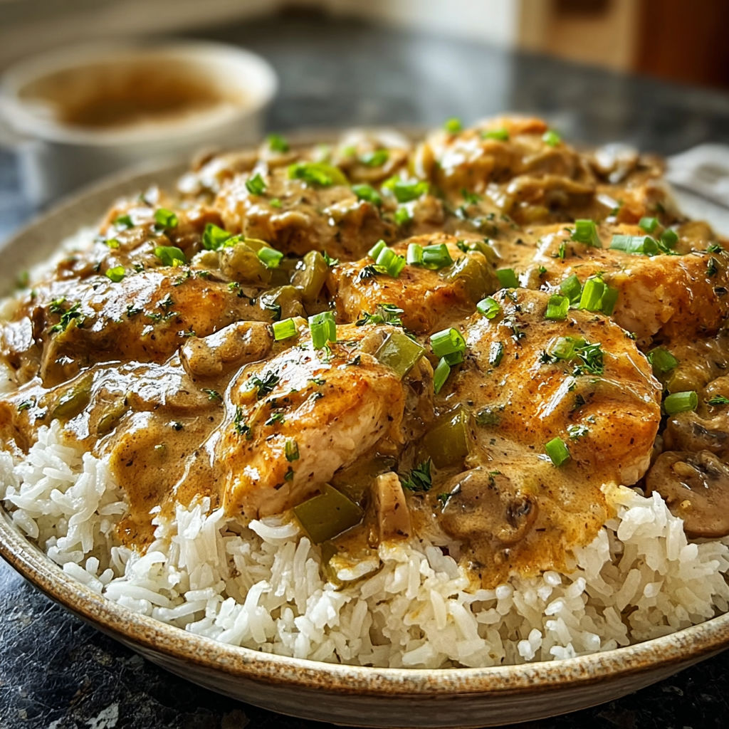 A plate of smothered chicken and rice.