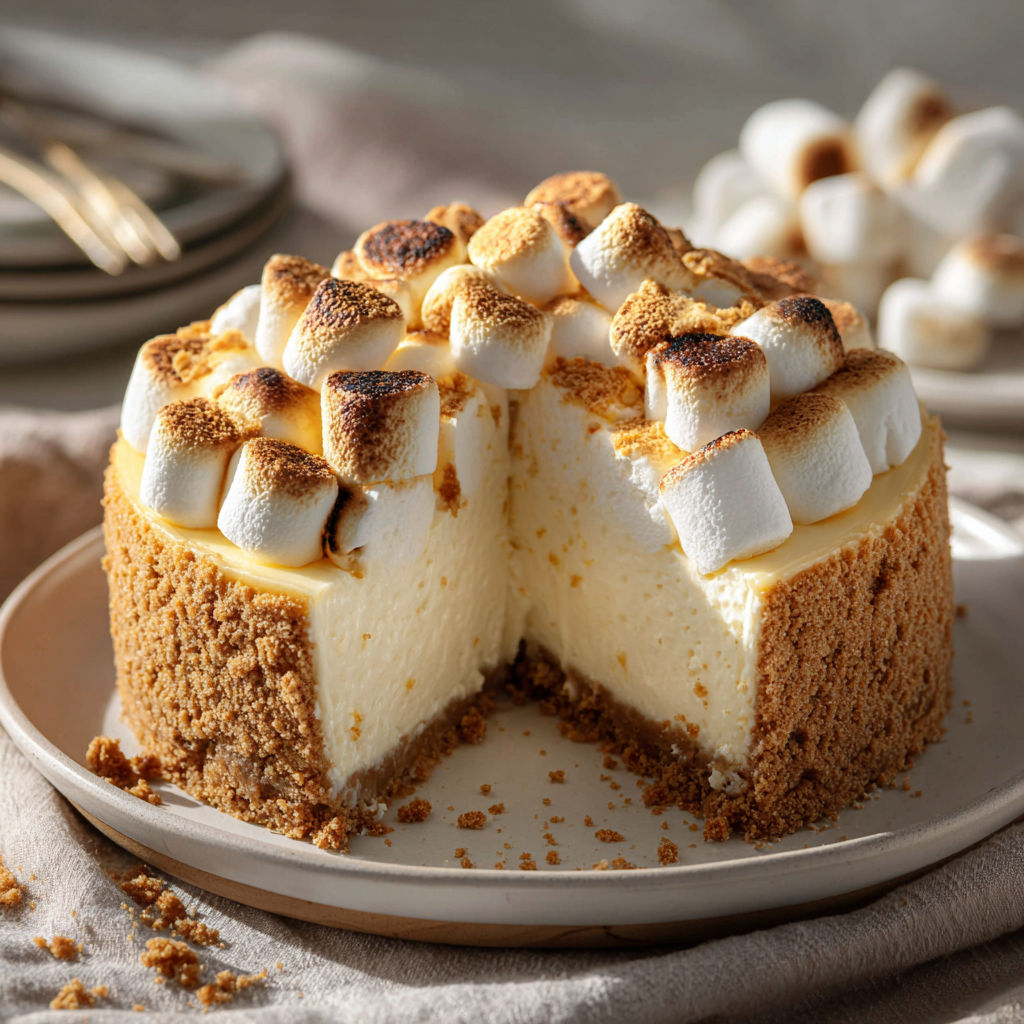 A slice of a no-bake marshmallow cheesecake.