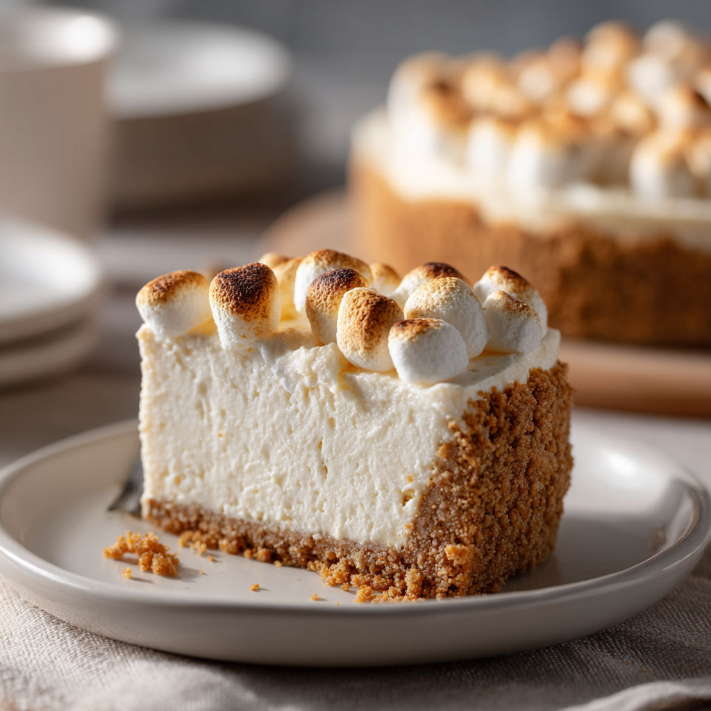 A slice of no-bake marshmallow cheesecake.