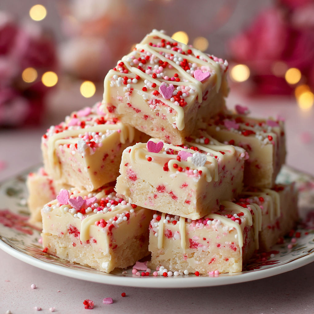 A stack of sugar cookies with pink and red sprinkles.