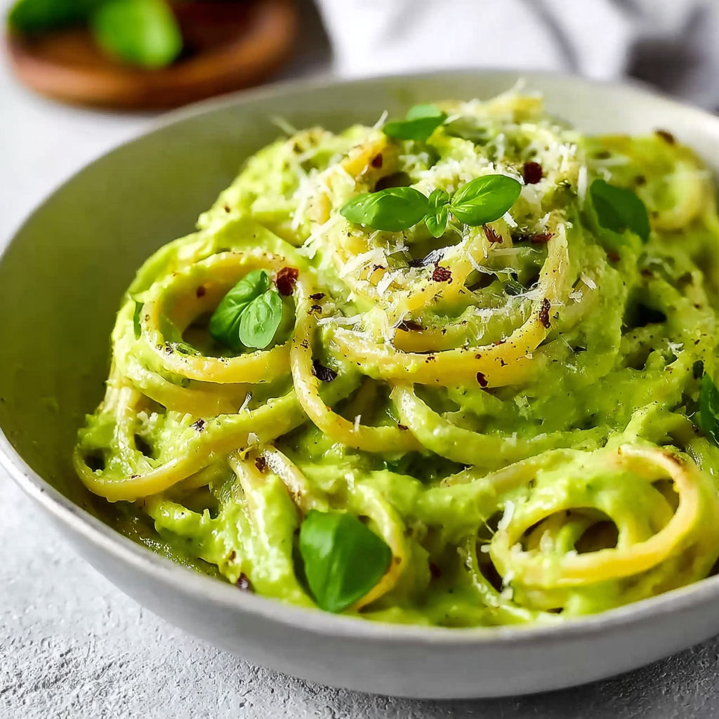 A bowl of pasta with green sauce.