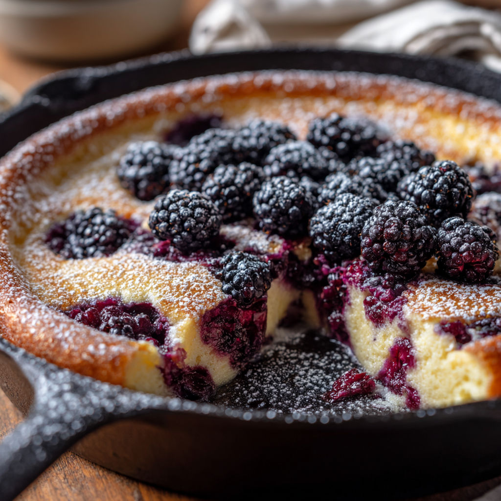 A close up of a delicious blackberry clafoutis.