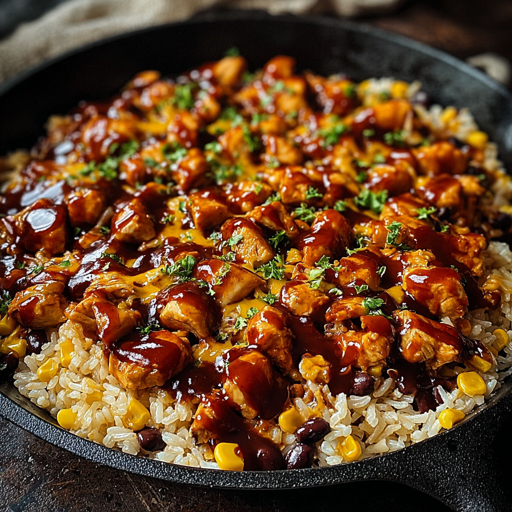 A skillet filled with rice, chicken, and corn.