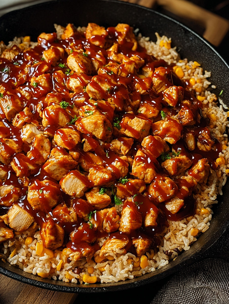 A skillet of smoky chipotle BBQ chicken and rice.