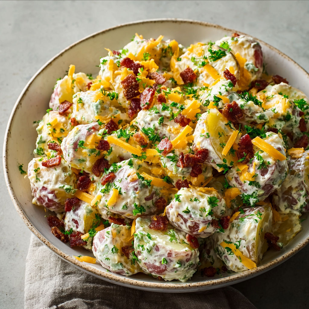 A bowl of potato salad with bacon bits and cheese.